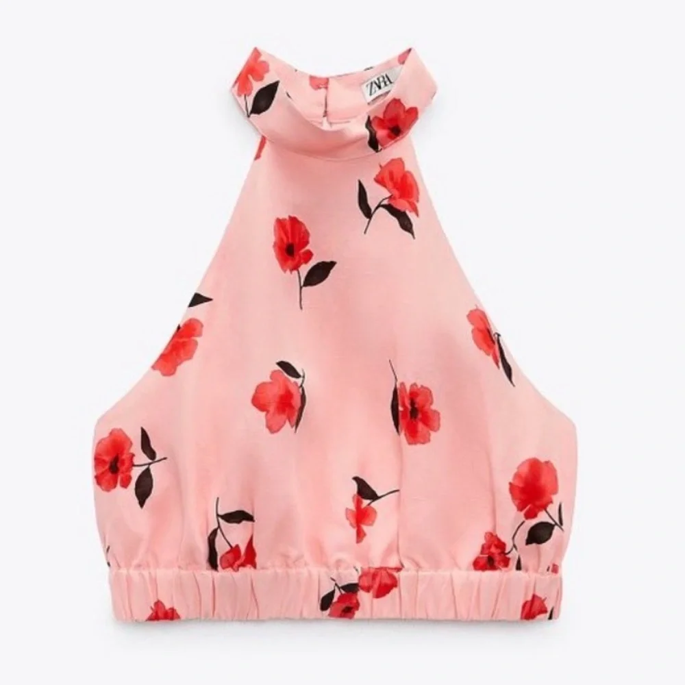 Zara Pink Poppy Floral Halter Crop Top Linen Blend Summer Vacation Backless - Picture 2 of 8